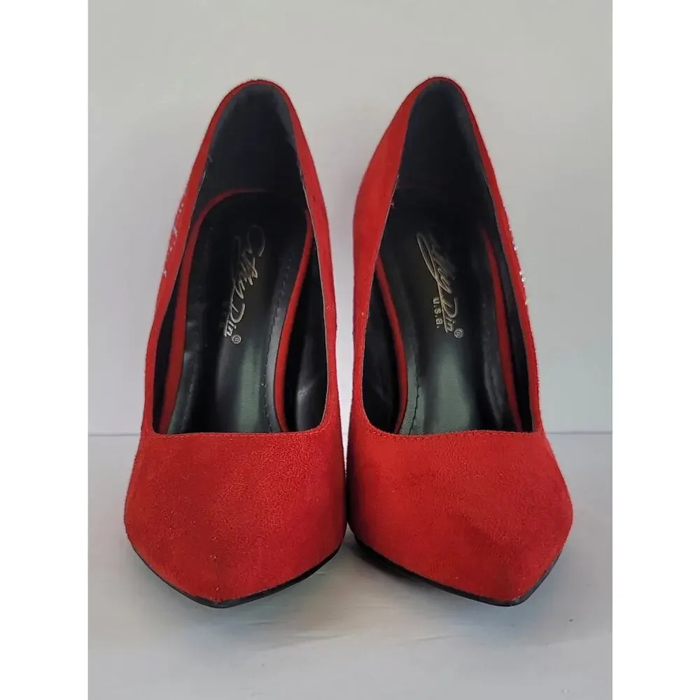 CATHY DIN Red Jeweled Sexy Girl Faux Suede Stiletto Heel Pumps Shoes Size 6